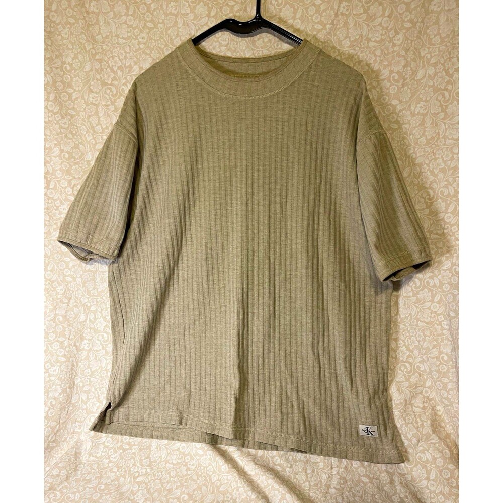 Calvin Klein Jeans Men's Beige Ribbed Knit Crew Neck Logo Tee Shirt L